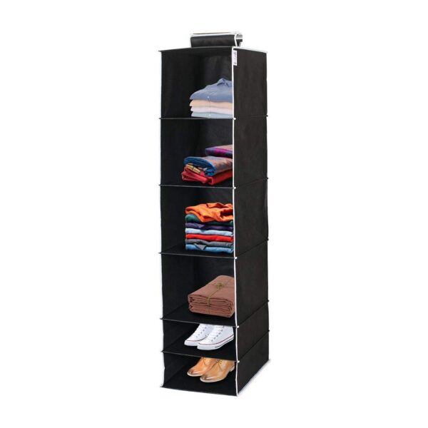 UNICRAFTS Hanging Organizer 6 Shelves Non-Woven Foldable and Collapsible Wardrobe Organiser 6 Tier Clothes Storage Hanger Pack of 1 Black - Image 2