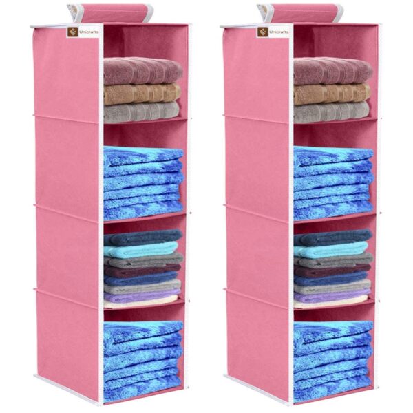 Unicrafts Hanging Organizer Engineered Wood 4 Shelves Non-Woven Foldable | Universal Fit Closet Organizer Collapsible Wardrobe Organiser | Shoes Storage Hanger |Pack of 2 Pc Pink