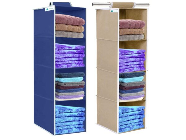 UNICRAFTS Hanging Organizer 4 Shelves Non-Woven Foldable Wardrobe Organiser 4 Tier Clothes Hanger Pack of 2 Blue