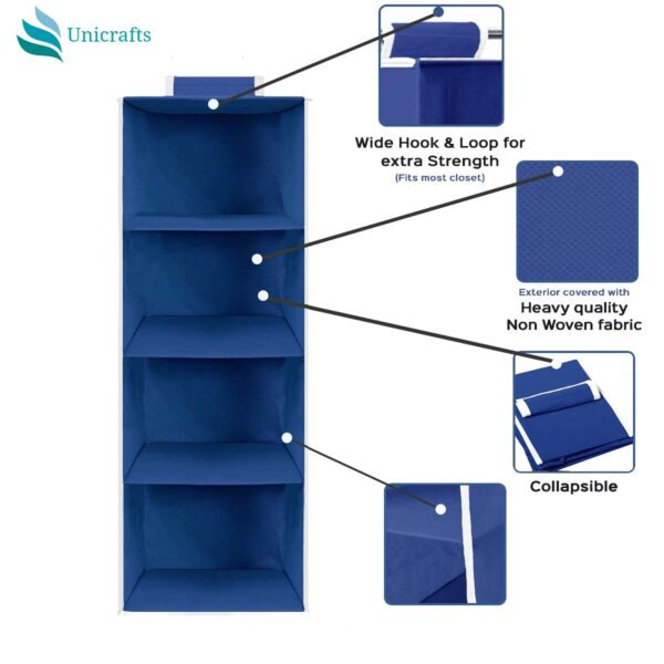 UNICRAFTS Hanging Organizer 4 Shelves Non-Woven Foldable 4 Tier Pack of 2 1Blue 1Grey - Image 2