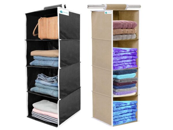 UNICRAFTS Hanging Organizer 4 Shelves Non-Woven Foldable Wardrobe Organiser 4 Tier Pack of 2 1Black 1Beige