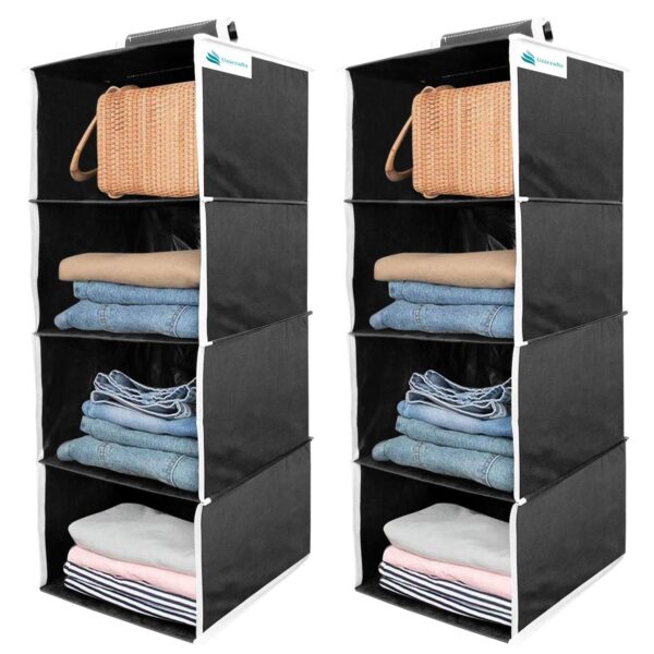 Unicrafts Hanging Organizer Engineered Wood 4 Shelves Non Woven Foldable|Collapsible Wardrobe Organiser for Regular Garments Cupboard Shoes Storage Hanger Combo Pack of 2 Pc Black