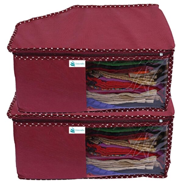 Unicrafts Blouse Covers Blouse Organizer for Wardrobe Polka Organiser Non Woven Blouse Storage Bag Window Clothes Covers Storage Covers, Garment (Maroon) (Pack of 2)