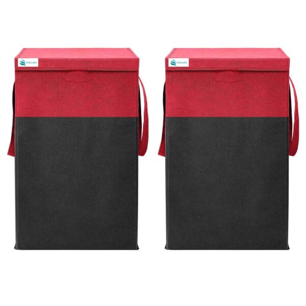 UNICRAFTS Foldable Durable and Collapsible Clothes Laundry Basket Storage Bag with Lid , Side Handles (68 L, Red-Black)- Combo Pack of 2 Pc(Engineered Wood)