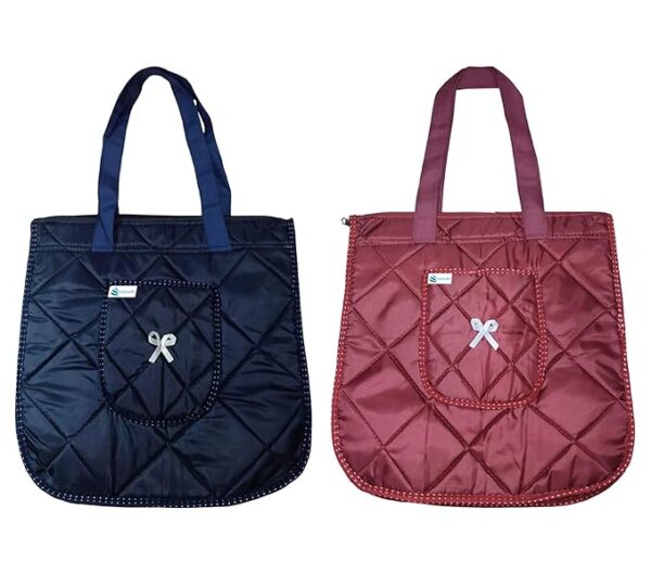 UNICRAFTS Hand Shoulder Bag Quilted Design Shopping Bag Stylish Tote Bag Reusable Shopper Handbag for Women Pack of 2 Pc (1 Blue and 1 Maroon)