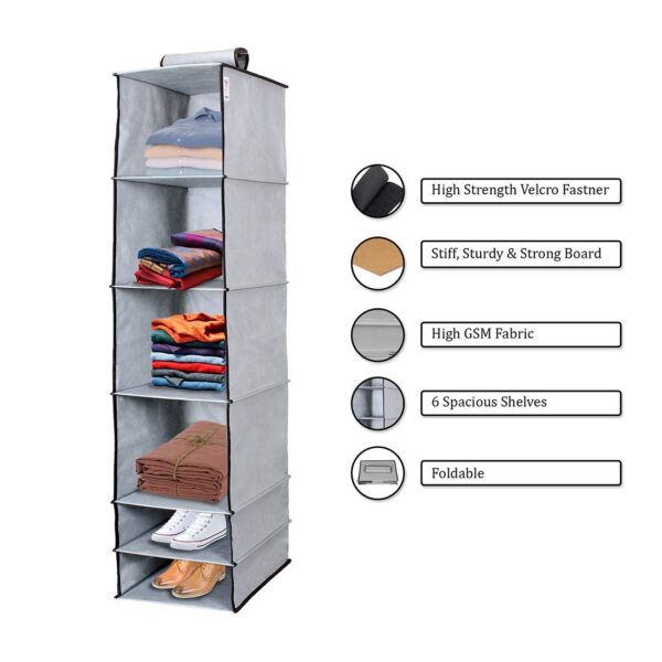 UNICRAFTS Hanging Organizer 6 Shelves Non-Woven Foldable and Collapsible Wardrobe Cupboard 6 Tier Clothes Shoes Storage Set of 1 Grey - Image 3