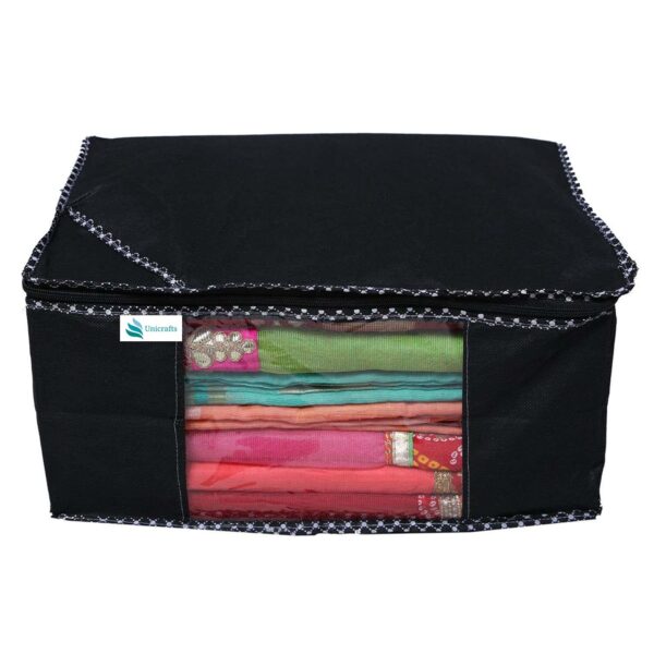 Unicrafts Saree Cover Extra Large Saree Organizer with a Large Transparent Window for Clothes Wardrobe Organiser Non Woven Sari Storage Bags Combo Set of 6 Pc Blac - Image 2