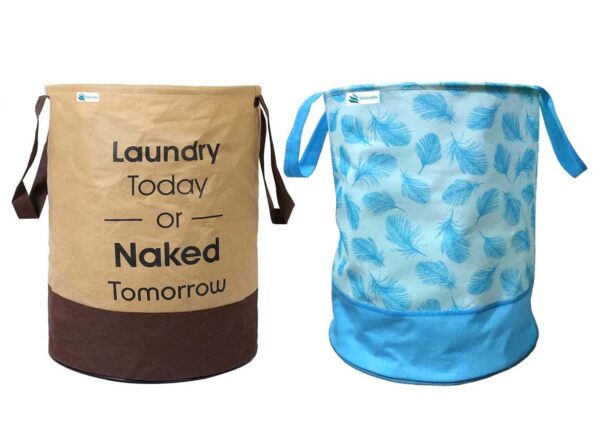 Unicrafts Laundry Bag 45 L Durable and Collapsible Laundry storage Bag with Handles Clothes & Toys Storage Foldable Laundry Bag for Dirty Clothes Pack of 2 Pc (1 Beige & 1 Leaf Design Blue)