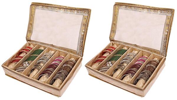 UNICRAFTS Bangle Box for Women Brocade Hardboard 5 Rod Bangles Storage Box with Transparent Top Pack of 2 Pc Golden