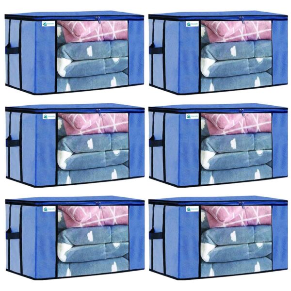 Unicrafts Rectangular Underbed Blanket Storage Bag for Wardrobe Organizer Standard size Blanket Cover with a large Transparent Window and Side Handles Pack of 4 (2 Grey & 2 Blue)