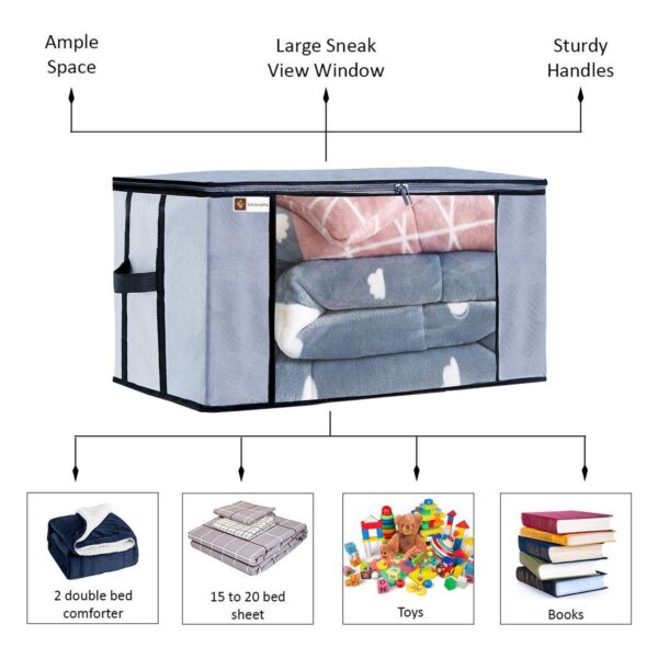 Unicrafts Underbed Wardrobe Rectangular Non-Woven Storage Organizer Bag with Large Transparent Window & Side Handles (Grey, Length : 45 cm, Width : 65 cm and Height : 31 cm)- Pack of 4 Pc - Image 2