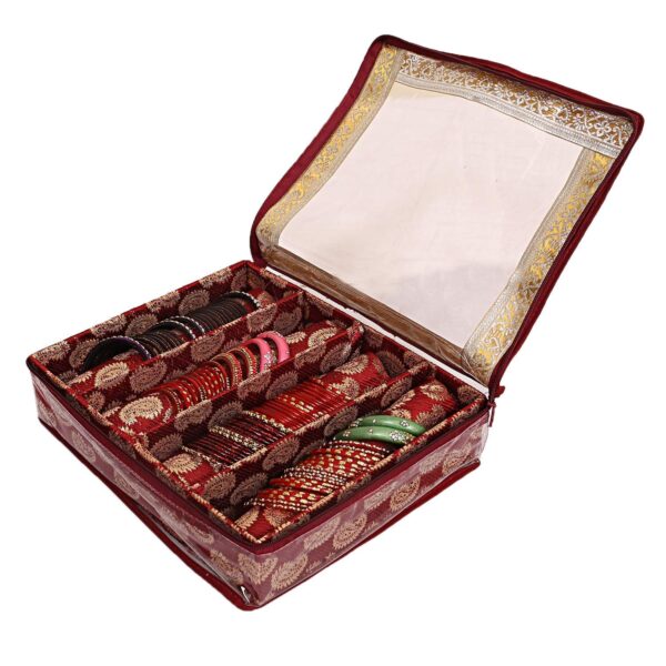 UNICRAFTS Bangle Box for Women Brocade Hardboard Four Rod Bangles Storage Box with Transparent Top Pack of 1 (Maroon)