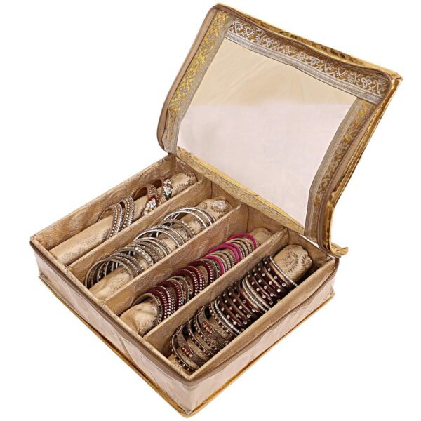 UNICRAFTS Bangle Box for Women Brocade Hardboard 4 Rod Bangles Storage Box with Transparent Top Pack of 1 Pc Golden - Image 4