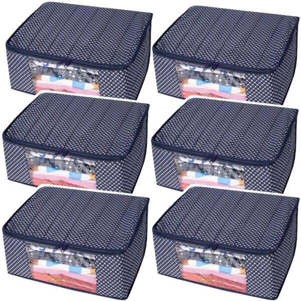 UNICRAFTS set of 6 Cotton Quilted 3 Layered Foldable Saree Covers/Clothes Storage Bag/Wardrobe Zip Transparent Window Organizer | For Lehenga, Suit, Dress & Accessories (Navy Blue)